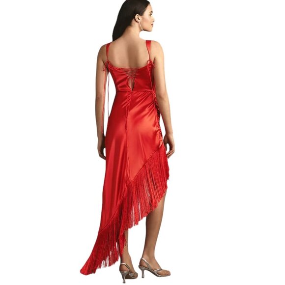 For Love & Lemons Anisa Asymmetrical Fringe Silk Midi Dress, Red, Size Small,NWT - Picture 2 of 12